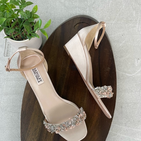 - Badgley Mischka Soft Nude Crystal embellished wedge heel ankle strap size 9.5 - Picture 7 of 13